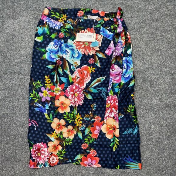 Johnny Was Skirt Women Sz M Blue Floral Ocean Dreamer Wrap Silk Blend Midi Beach
